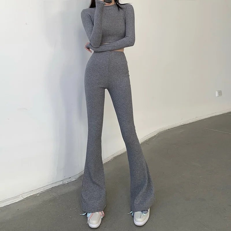 

Fashion Sexy Tight Long Sleeve Cropped T-shirt Sweater+High Waist Flare Pant Women Korean Hot Casual Trousers Knitted 2piece Set