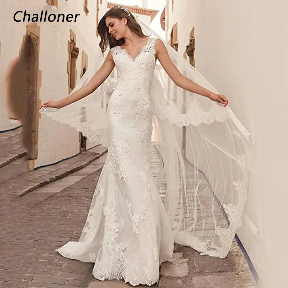 

Challoner Elegant Mermaid Wedding Dress V-Neck Sleeveless Appliques Lace Up Back Floor Length Bridal Gown vestidos de novia New