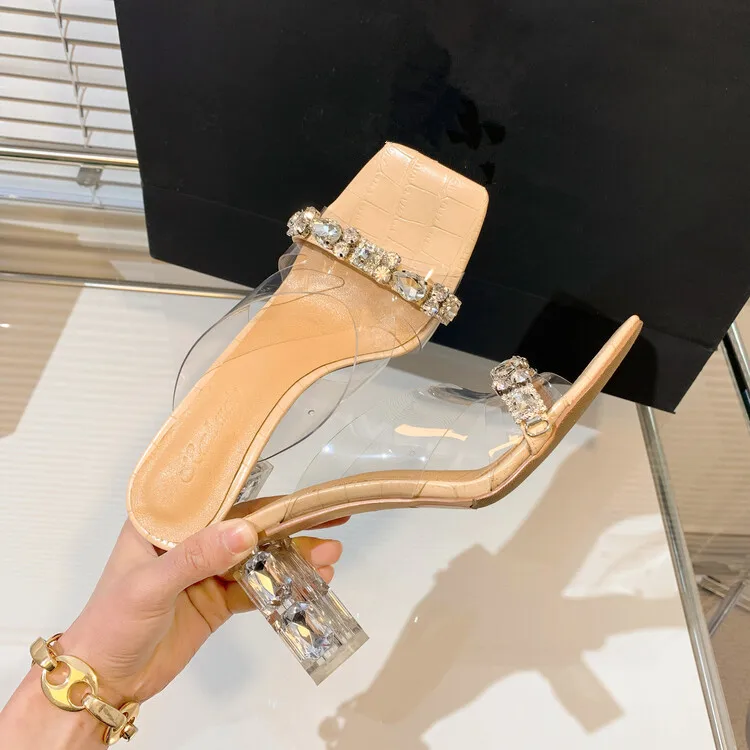 Apricot Leather Sole Women Slides Clear PVC Summer Prom Pumps Crystal Chains High Heels Slippers Charming Lady Sandalias Femmes
Apricot Leather Sole Women Slides Clear PVC Summer Prom Pumps Crystal Chains High Heels Slippers Charming Lady Sandalias Femmes