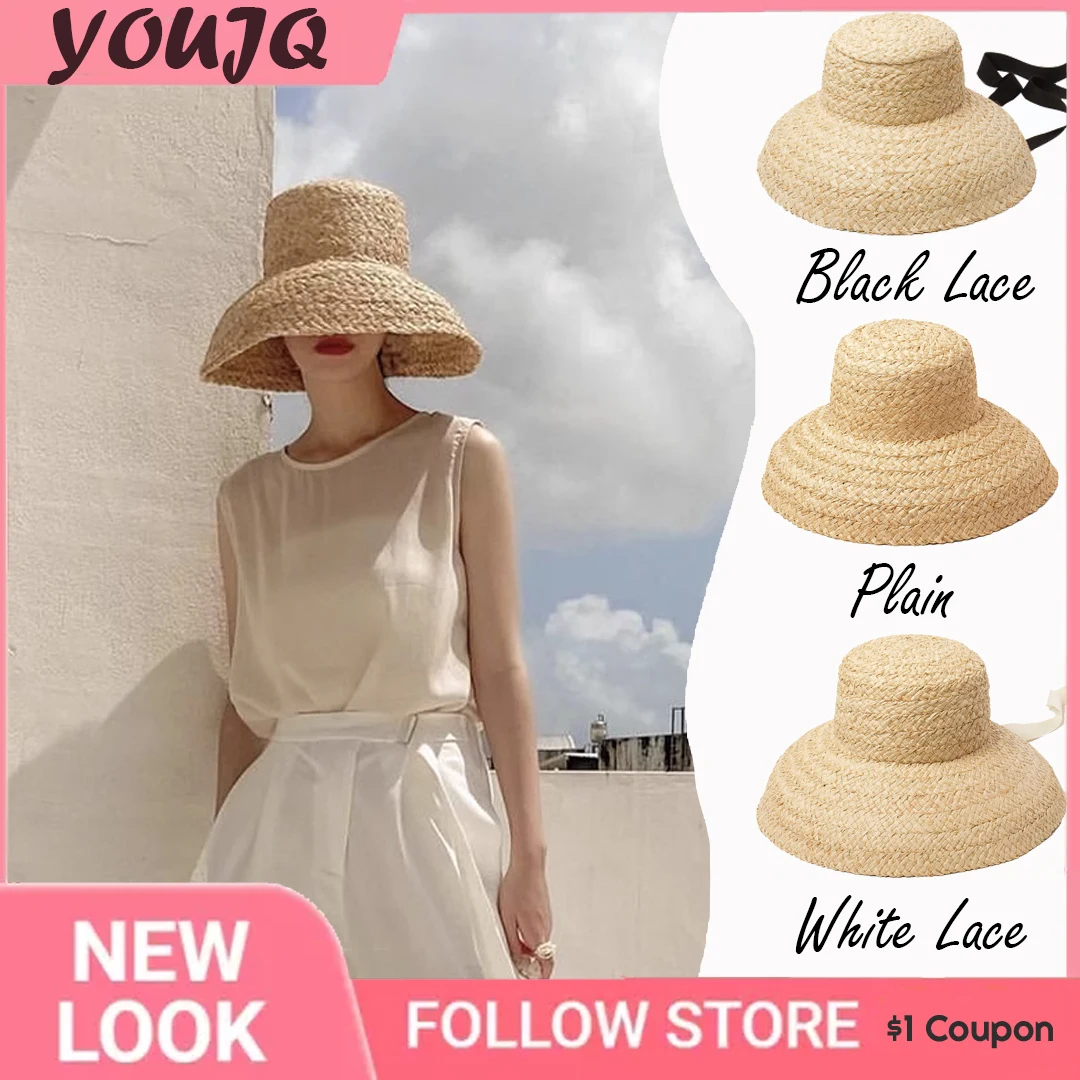 

French Summer Raffia Straw Hats for Women Retro Flat Drooping Hat Brim Hand-made Ladies Outdoor Sun Protection Beach Straw Gorra