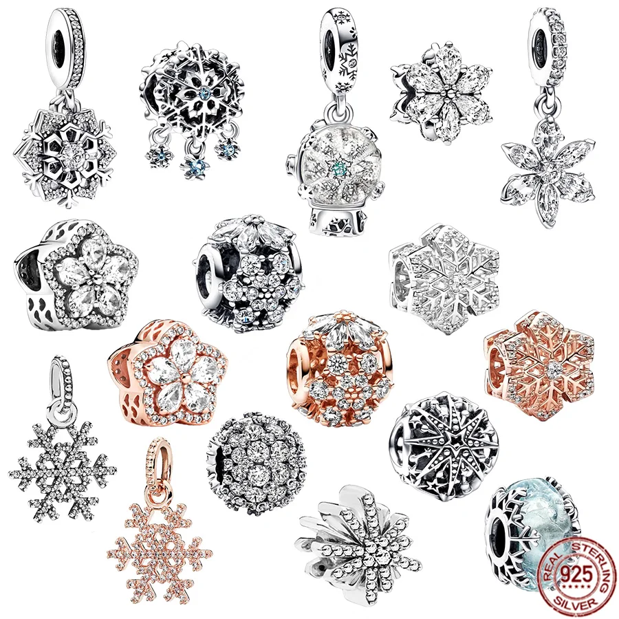 

925 Sterling Silver Sparkling Snowflake Series Rose Gold Dangle Blue Glass Beads Fit Original Pandora Bracelet DIY Charm Jewelry