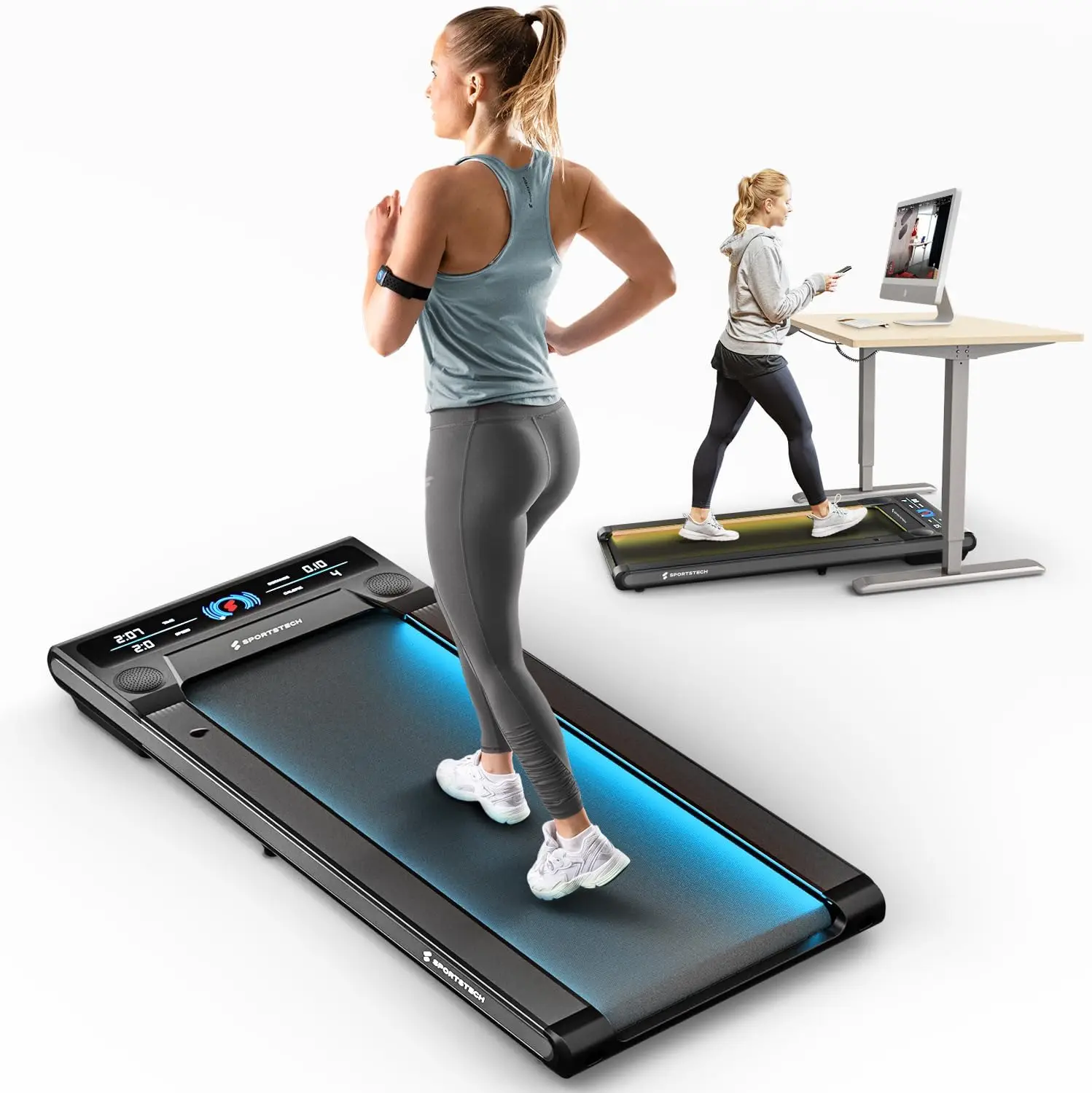 

Walking Pad Treadmill Under Desk for Home Office | Quiet Portable 300lbs Treadmills with Remote Control + App | Premi