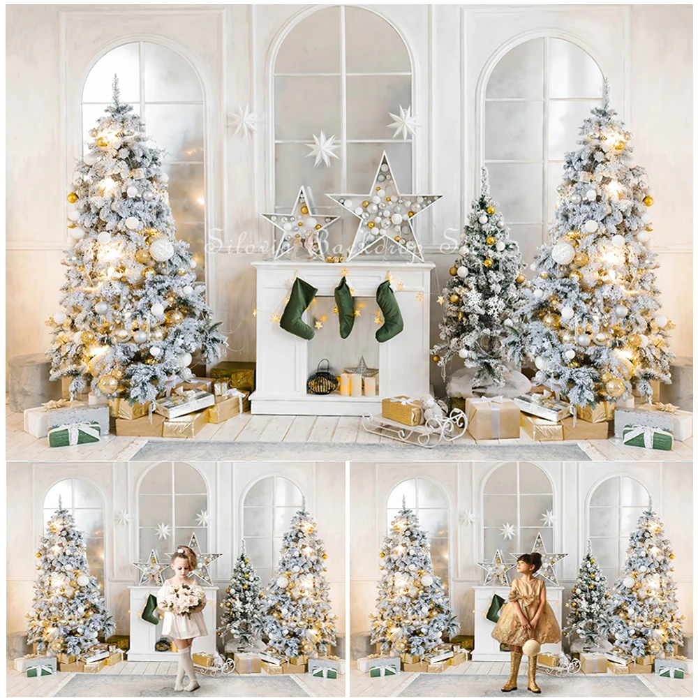 

White Classic Christmas Room Photo Background Fireplace Xmas Tree Gift Photography Backdrop Family Party Photo Studio Props