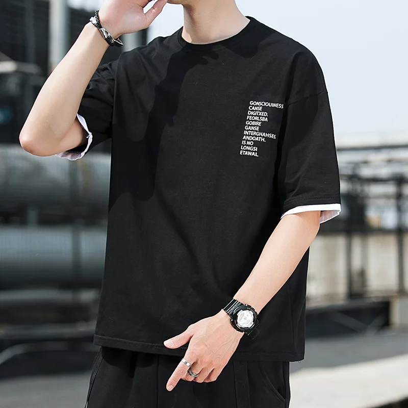 

Men's Clothing Short Sleeve Pullovers Loose Basic Letter Printed Summer Stylish Youthful Vitality Spliced Korean O-Neck T-shirt