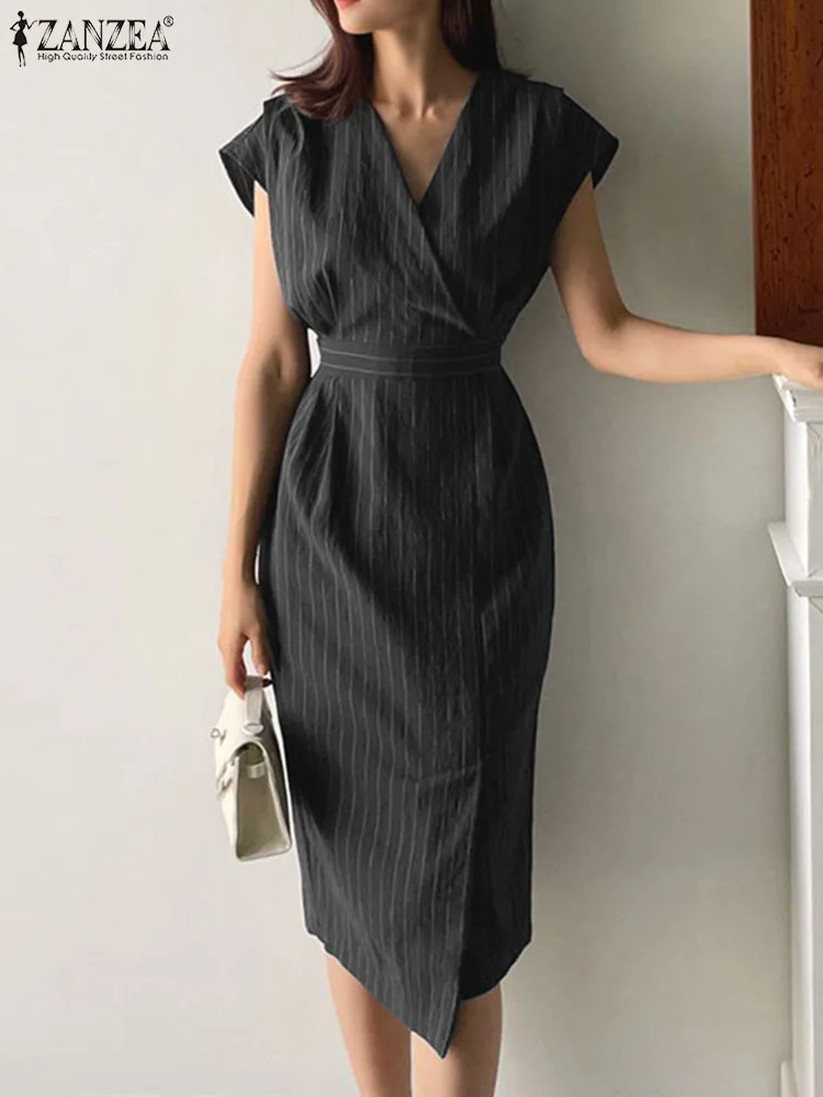 

ZANZEA Fashion Women V Neck Short Sleeve OL Work Dress Stylish Summer Striped Sundress Elegant Split Hem Midi Vestido Robe Femme