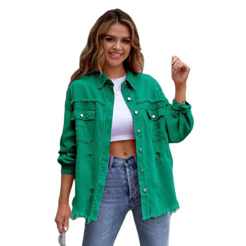 

2023 Spring Autumn Shirt Style Denim Jacket Women Holes Raw-edges Jeancoat Casual Tops Female Oversize Loose Outerwear 7 Colors