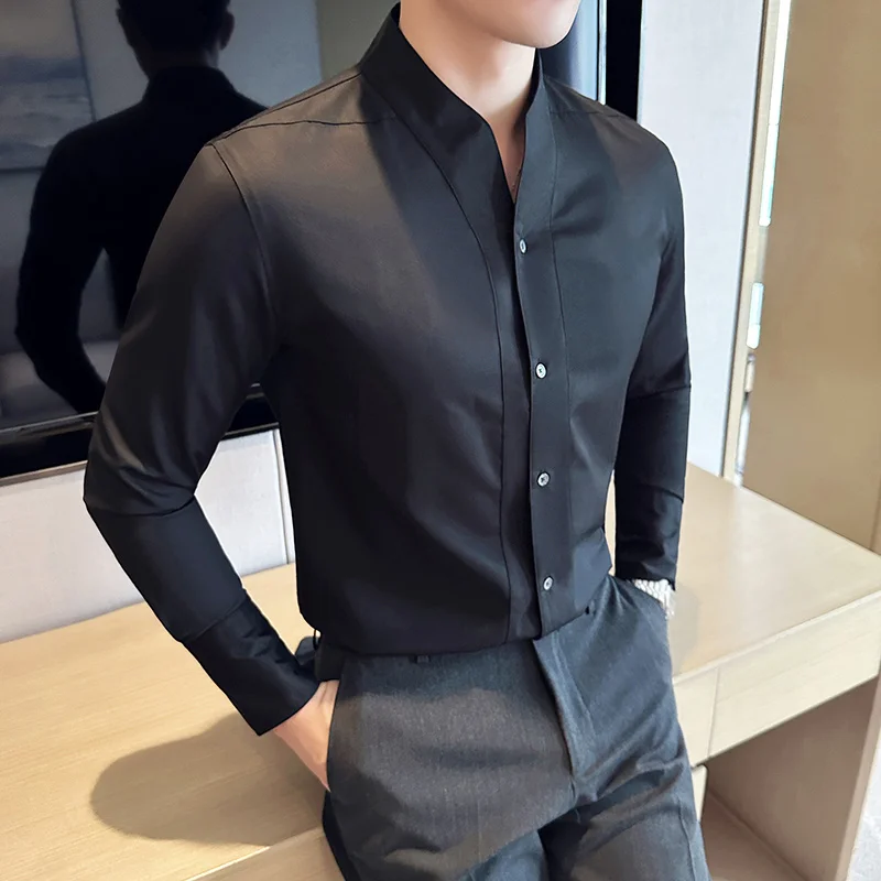 

Высокое качество, темпераментная Мужская рубашка с v-образным вырезом, Повседневная деловая рубашка, приталенная рубашка с длинным рукавом, вечерние, смокинг, блузка 2023