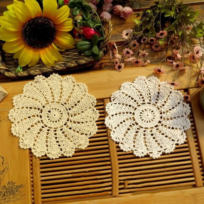 

Popular round cotton flower placemat cup coaster handmade Christmas table place mat cloth Crochet coffee tea doily wedding pad