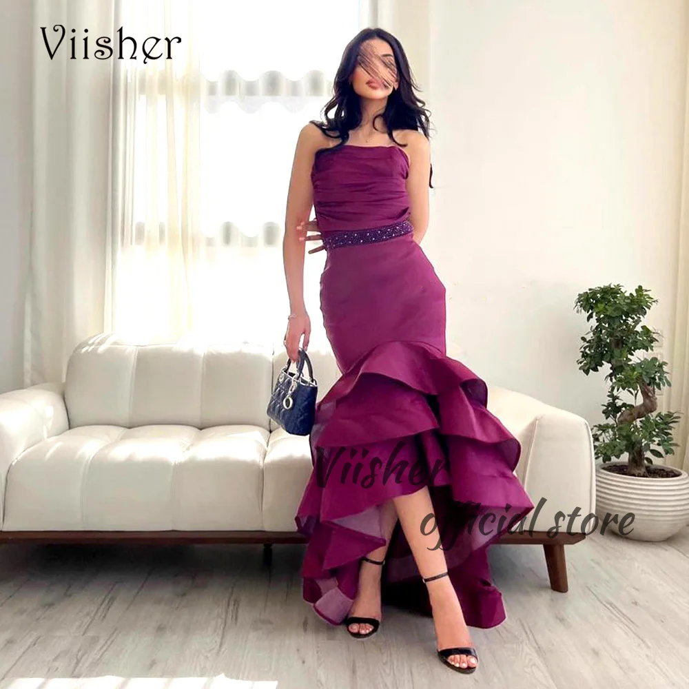 

Viisher Purple Taffeta Mermaid Evening Dresses Beads Pleats Strapless Formal Prom Dress High Low Dubai Arabia Party Gowns