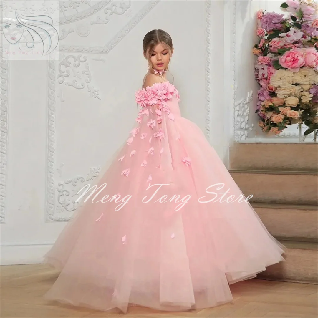 

Розовые Платья с цветочным принтом для девочек на свадьбу с открытыми плечами фатиновое Пышное Платье с аппликацией для дня рождения детское платье для первого причастия