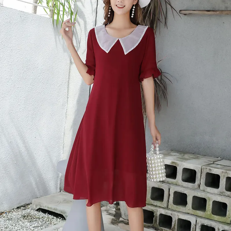 

Женское газовое платье с круглым вырезом, однотонное ТРАПЕЦИЕВИДНОЕ платье миди с коротким рукавом и оборками, базовая одежда в Корейском стиле на лето