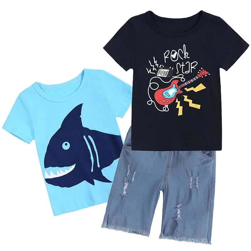 

3Piece Summer Kids Clothes Boys Casual Cartoon Cute Short Sleeve Tops+Denim Shorts Children's Sets Baby Boutique Clothing BC1174