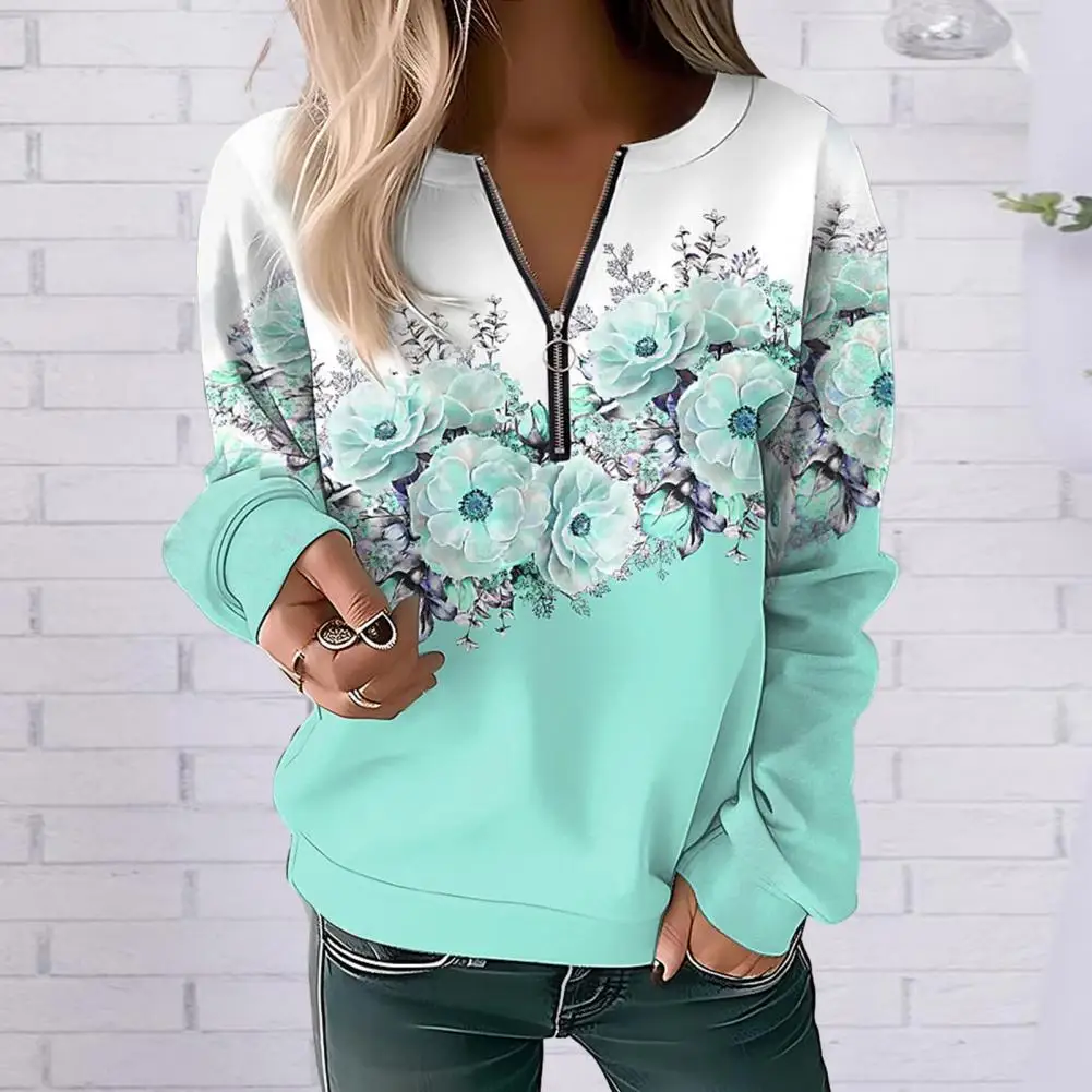 Floral Print Sweatshirt Flower Print V Neck Zipper Decor Long Sleeve Pullover Soft Thick Elastic Cuff Lady Top Blouse for Women
Floral Print Sweatshirt Flower Print V Neck Zipper Decor Long Sleeve Pullover Soft Thick Elastic Cuff Lady Top Blouse for Women