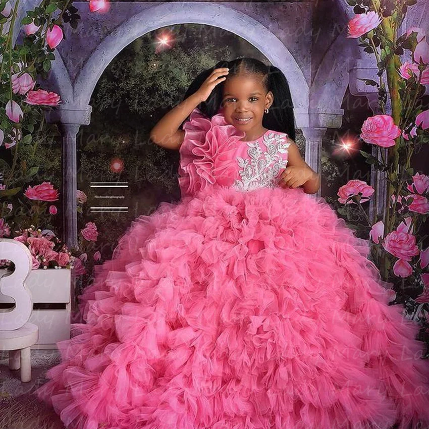 

Lovely Pink Cute Flower Girls Dress Ruffle Puffy Ball Gowns Princess African Child Wedding First Communion Photo Shoot Pageant