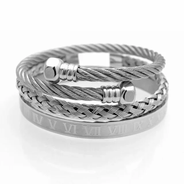 

Fashion Silver Color Gold Stainless Steel Roman Number Clasp Twisted Black Cuff Cable Bangles Bracelets Jewelry For Men Women