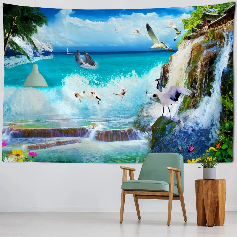 

Coconut Seascape Polyester Print Tapestry Blue Sky White Clouds Wall Hanging Hippie Boho Home Decor Yoga Mat Sheet Hanging Cloth