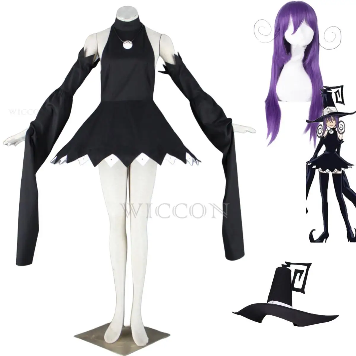 

Anime Soul Eater Blair Cosplay Costume Wig Petticoat Necklace Black Sling Dress Hat Woman Sexy Halloween Carnival Suit