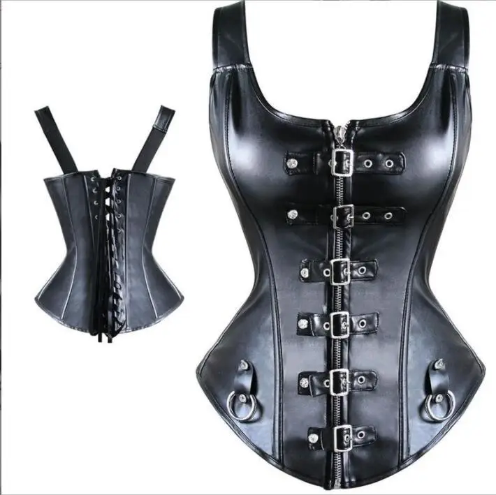 

latex corset belt Leather Corset Top Shoulder Strap Corselet Black Zipper Buckled Bustier Waist Trainer Vest Corset Overbust