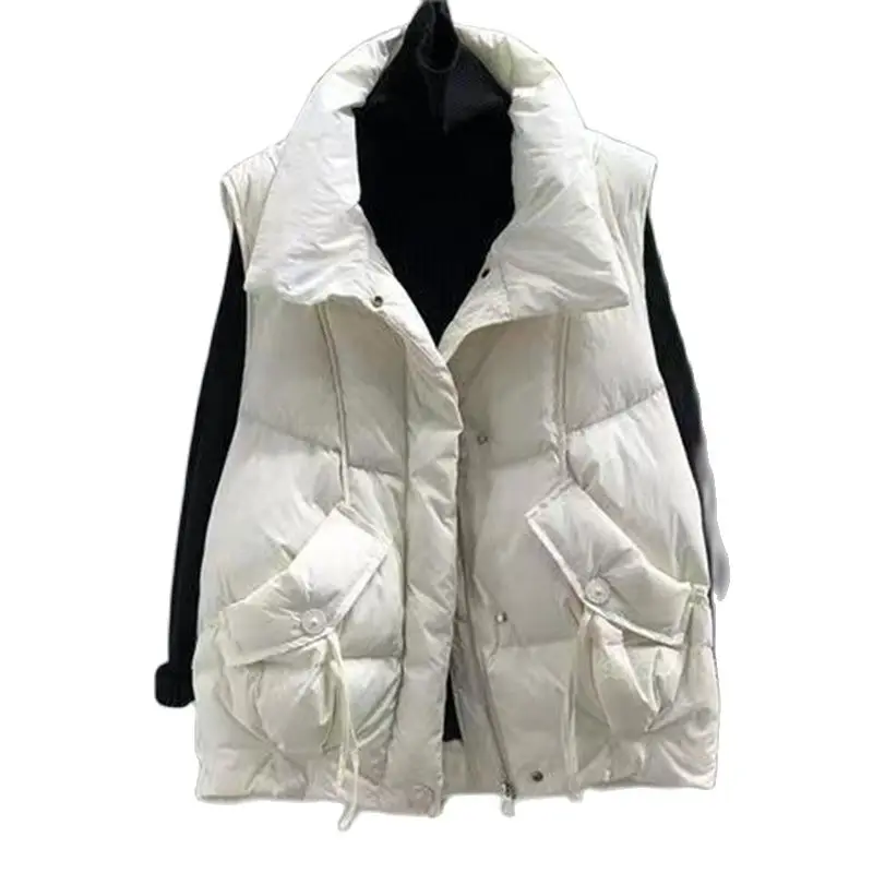 

NEW Autumn Winter Women Solid Loose Vest Zipper Stand Collar Long Puffer Jacket Cotton Padded Women Windproof Warm Waistcoat