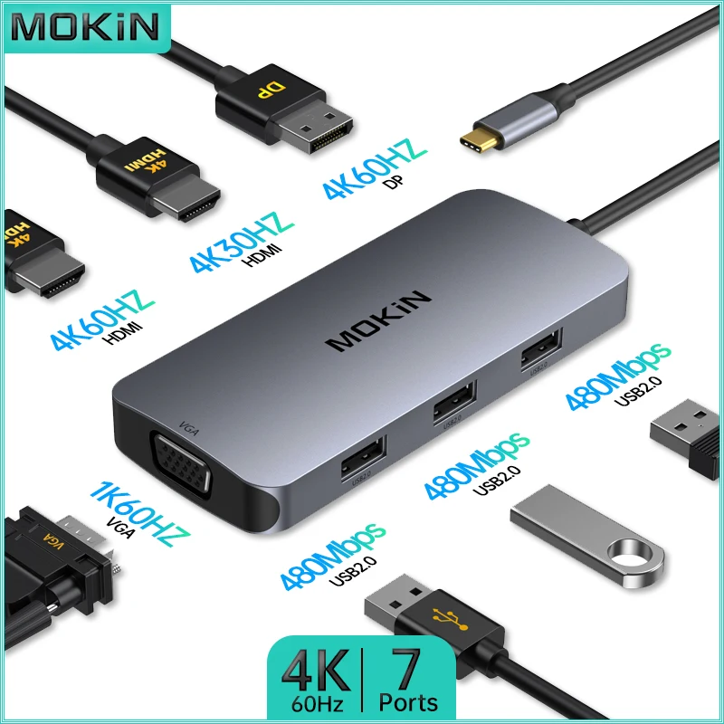 

Док-станция MOKiN 7 в 1 для MacBook Air/Pro, ноутбука Thunderbolt — USB2.0, HDMI 4K30 Гц, HDMI 4K60 Гц, DP 4K60 Гц, VGA 1K60 Гц