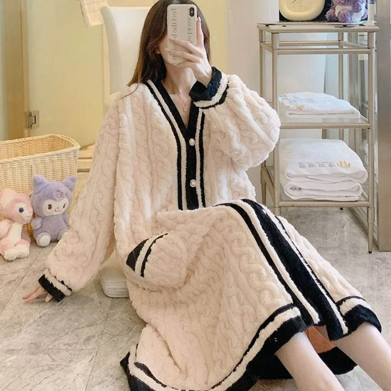 

Patchwork Robe for Women Sleepwear Winter Nightdress Night Wears Warm Fleece Pajama One Piece Nightgown Button Sleeping Homewear