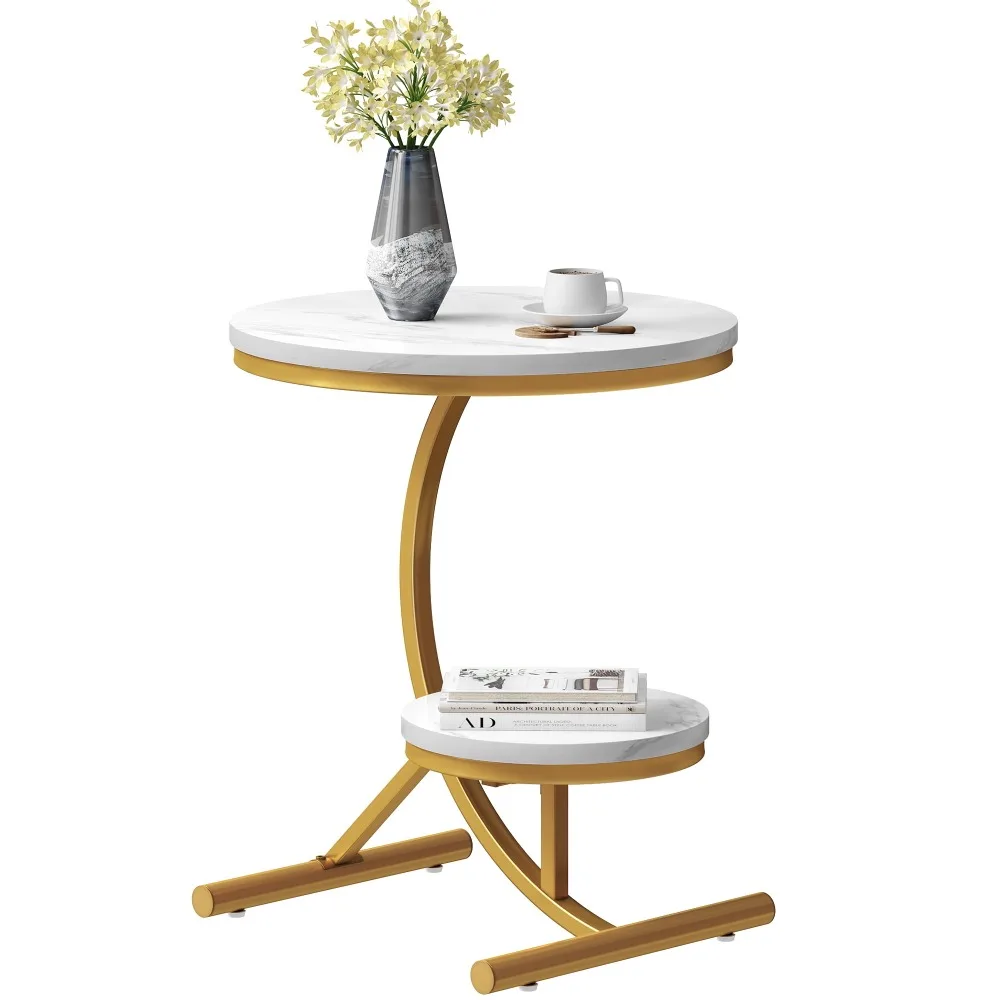 

Накладной столик из искусственного мрамора, Круглый прикроватный столик для дивана с полкой для хранения, Белый журнальный столик, прикроватный столик
