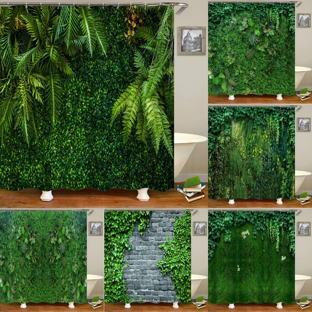 

Variety of various green plant grass lawn leaf 3D printing shower curtain polyester waterproof home decoration curtain with hook