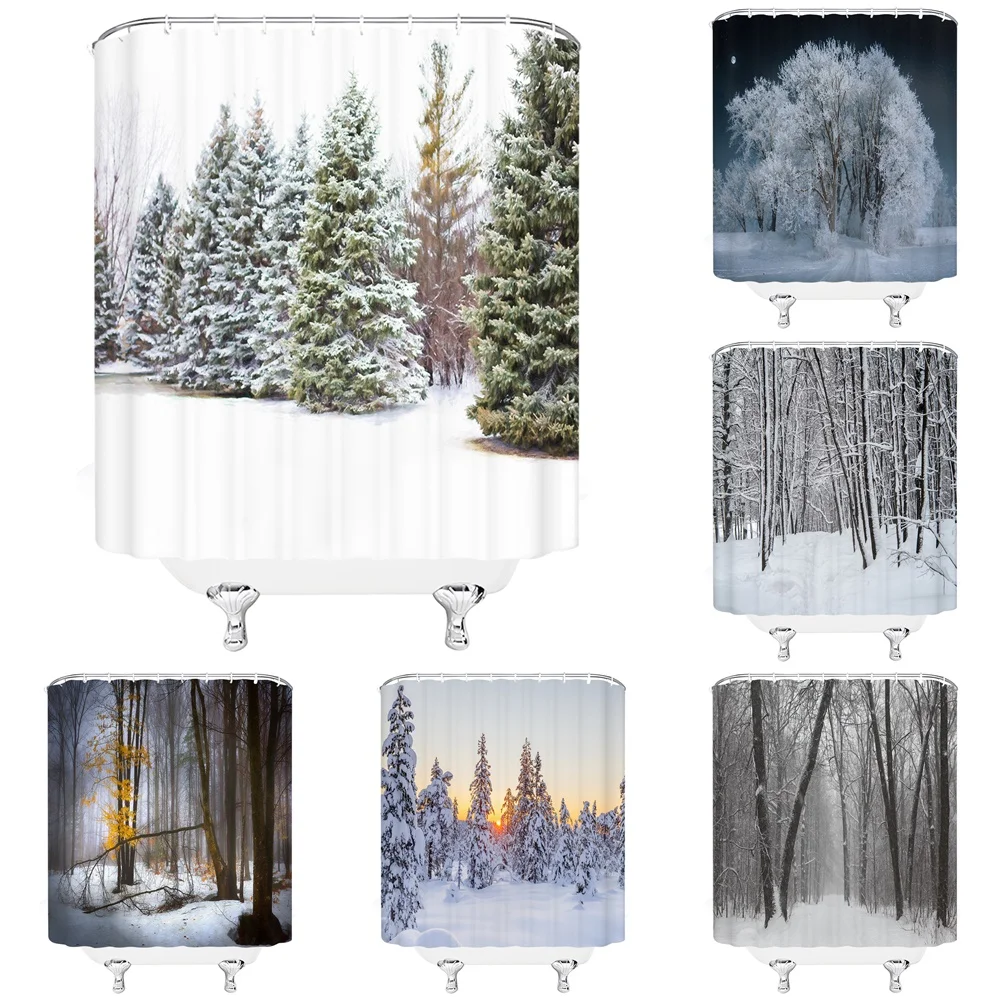 

Winter Forest Scenery Shower Curtain Snow Snowflake Pine Needles Trees Landscape Bath Curtains Polyester Fabric Bathroom Screen