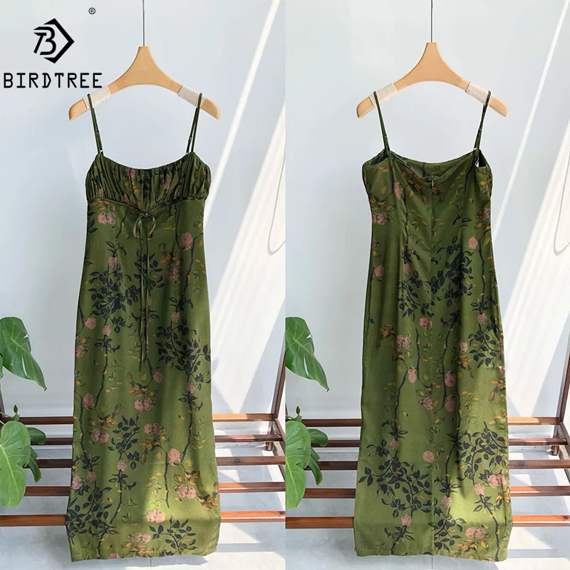 

BirdTree 100%Real Silk Elegant Dresses, Women Spaghetti Strap Floral Printed, Retro Fashion Chic Dress, 2024 Summer New D44307QM