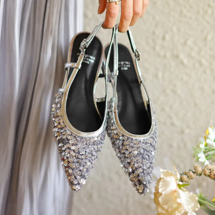 

New2024 Silver Sequined Women Flats Shallow Pointed Toe Slingback Moccasins Gold Prom Party Espadrilles Black Creepers Mujer