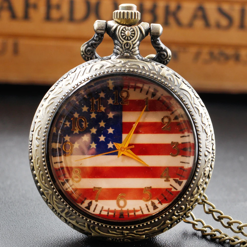 

Bronze Transparent Case American Flag Classic Chain Watch Vintage Steam Punk Pendant Necklace Jewelry Gift reloj hombre