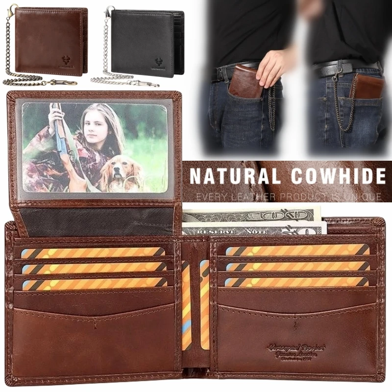 Genuine Leather Mens Wallet Fashion Short Purse RFID Blocking Credit Card Holder for Men with Anti-theft Chain
Genuine Leather Mens Wallet Fashion Short Purse RFID Blocking Credit Card Holder for Men with Anti-theft Chain