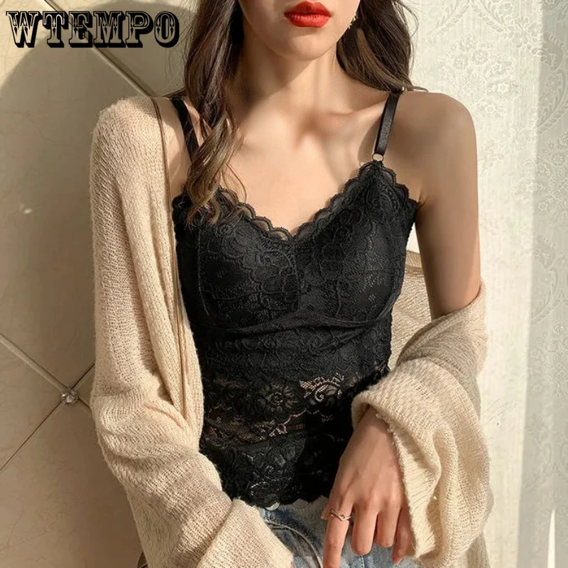 

Lace Crop Top Sexy Lingerie Camisole Bralette Crop Top Black White Sleep Tops Strap Padded Camis Undershirt Women