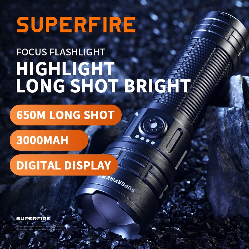 

SUPERFIRE Y28 светодиодный 15 Вт, фонарик высокой мощности с зумом, 650 м, большой радиус действия, USB-C, перезаряжаемый портативный фонарь для кемпинга и рыбалки