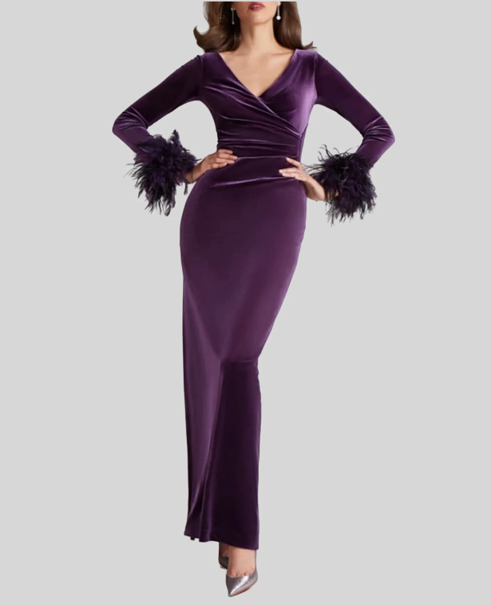Purple Velvet Evening Gown Elegant Dress Formal Mermaid Ankle Length Feathers Long Sleeves V Neck with Feather Ruched Slit
Purple Velvet Evening Gown Elegant Dress Formal Mermaid Ankle Length Feathers Long Sleeves V Neck with Feather Ruched Slit