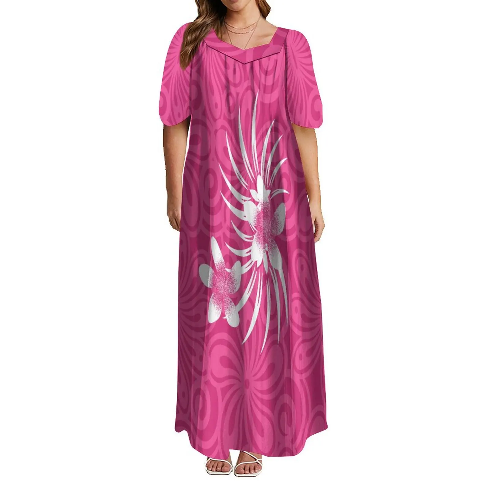 

2024 Summer Women'S Puffy Sleeve Dress Hawaii Midi Party Elegant Square Neck Maxi Polynesian Design Print