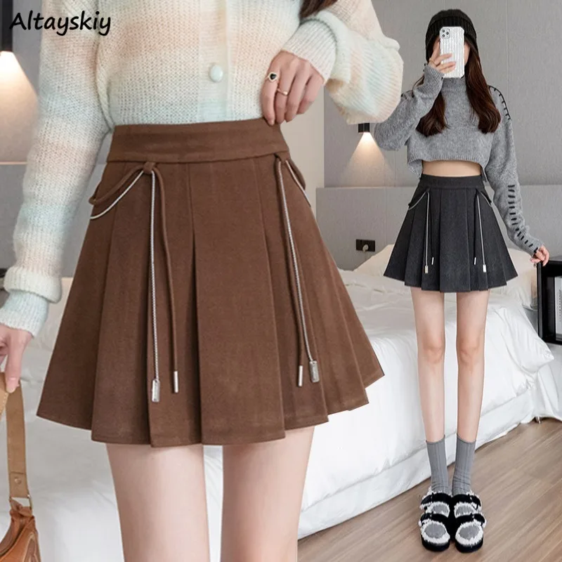 

Pleated Skirts Women Chain High Waist Loose Wool All-match 4 Colors Preppy Korean Fashionable Streetwear Thicker Y2k Mini Ins