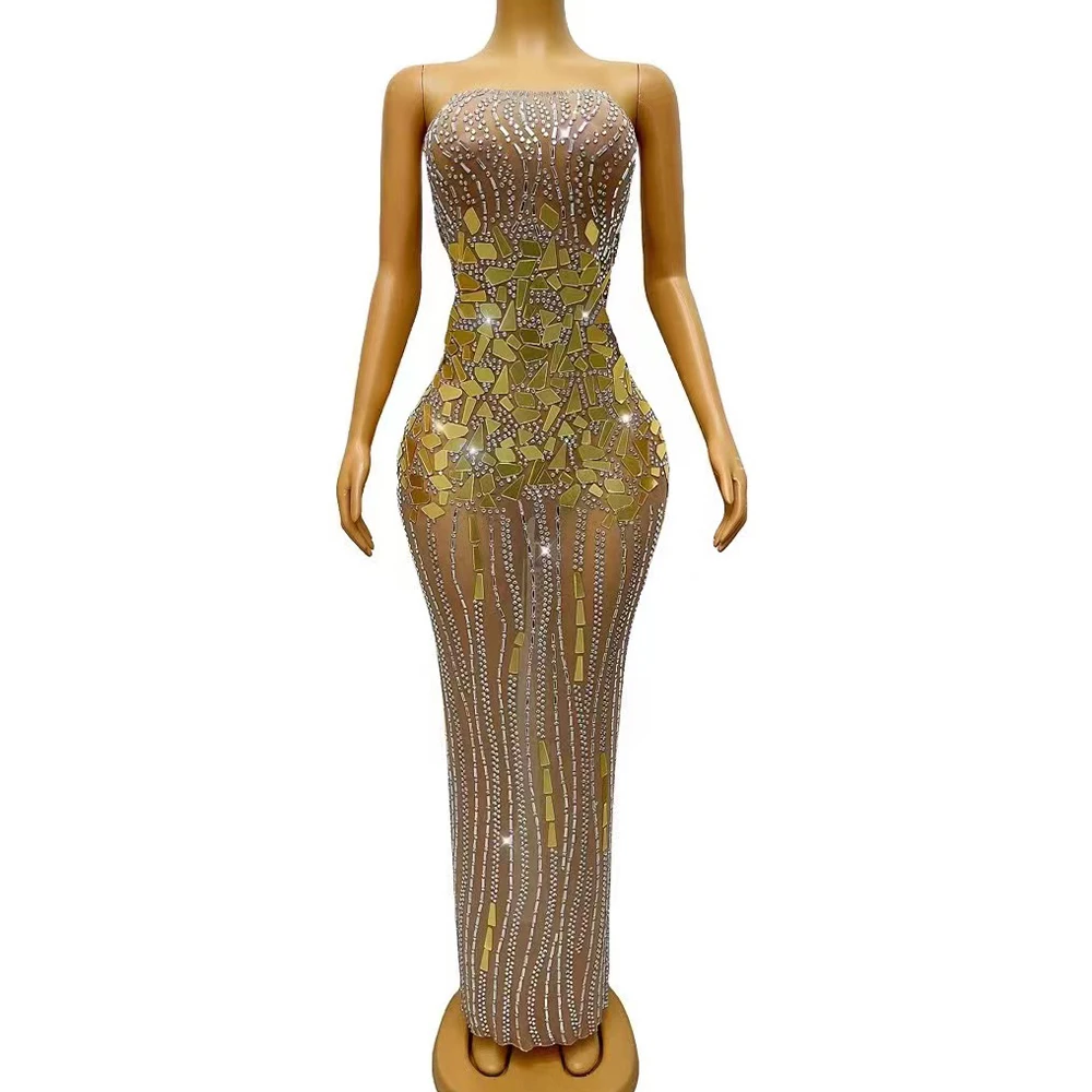 

Sexy Luxurious Rhinestones Gold Mirrors Sleeveless Long Dress Female Birthday Celebrate Party Singer Stage Photoshoot Dress