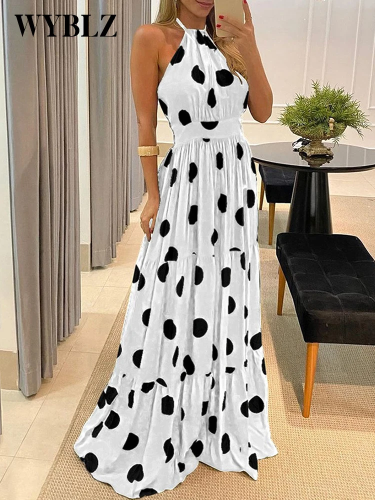 Женское длинное платье в горошек, с высокой талией и открытой спиной
Женское длинное платье в горошек, с высокой талией и открытой спиной