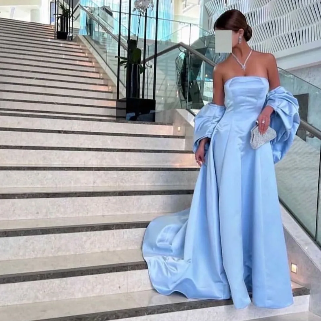 

Sky Blue Satin A Line Long Elegant Evening Dresses Strapless Sexy Zipper Back Prom Gowns with Wraps Wedding Guest Formal Dress