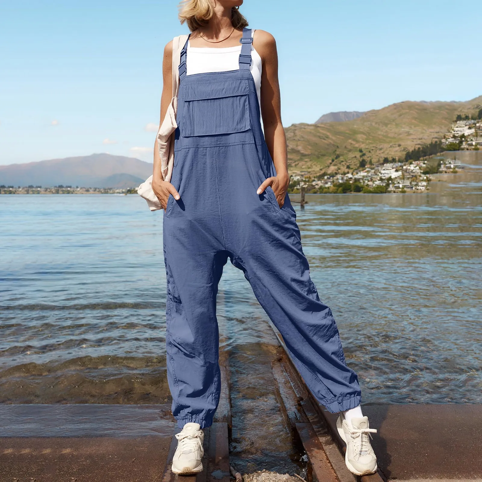

Womens Jumpsuits 2024 Wide Leg Overalls Solid Color Dungarees Rompers Sleeveless Adjustable Strap Button Summer Pants