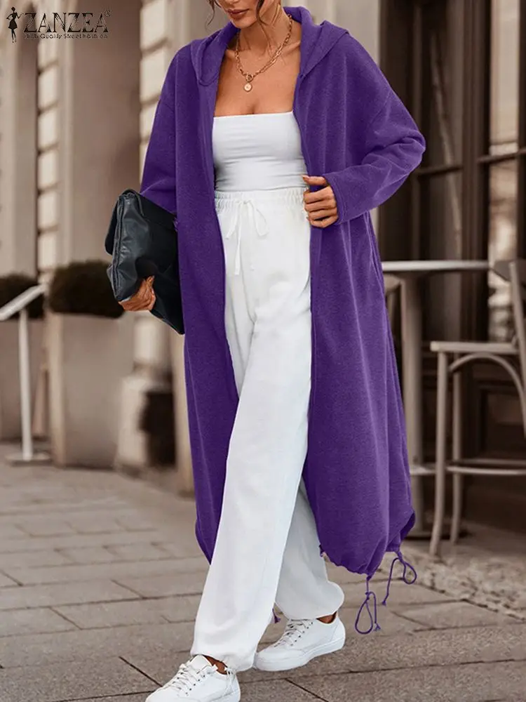 

ZANZEA 2023 зимнее женское длинное пальто с воротником с капюшоном, винтажная женская одежда со спущенными плечами на шнуровке, уличная одежда, куртки с длинным рукавом
