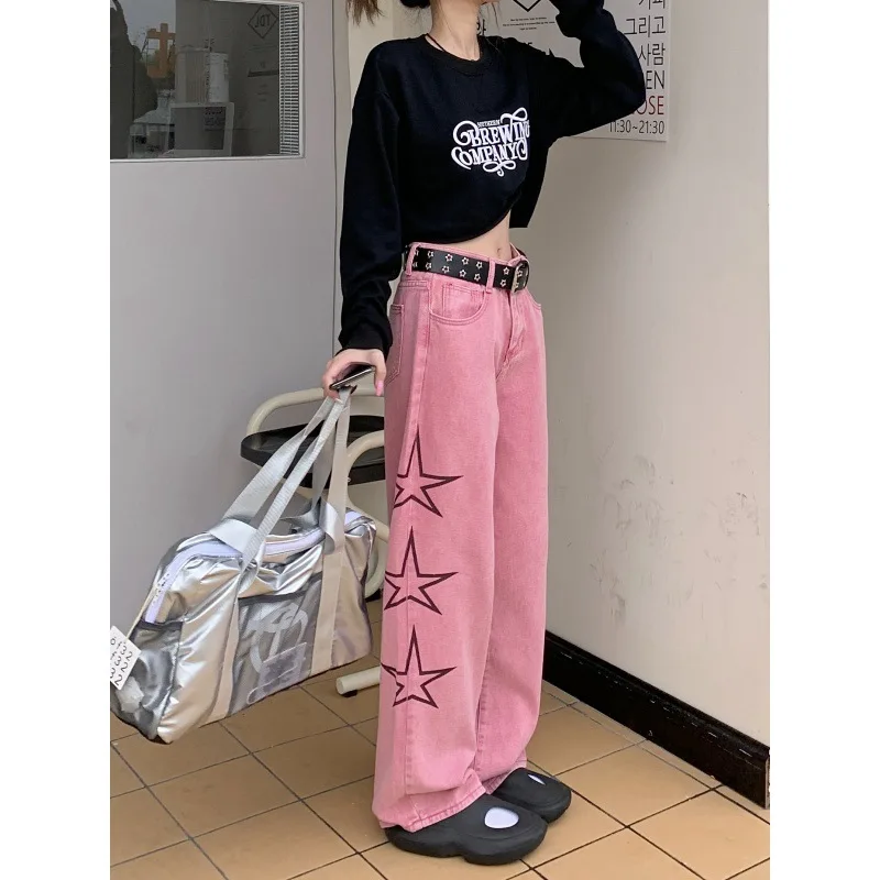 Vintage Pink High Waist Women Jeans Star Print American Fashion Streetwear Wide Leg Jean Female Denim Trouser Baggy Denim Pants
Vintage Pink High Waist Women Jeans Star Print American Fashion Streetwear Wide Leg Jean Female Denim Trouser Baggy Denim Pants