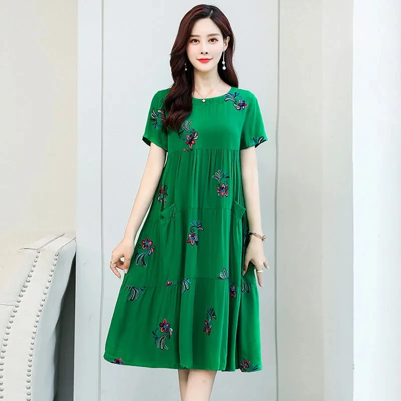 Mother's Cotton Linen Embroidered Short Sleeve Dress 2023 New Summer Fashion Elegant Loose fitting Women's Dress with Pockets
Mother's Cotton Linen Embroidered Short Sleeve Dress 2023 New Summer Fashion Elegant Loose fitting Women's Dress with Pockets