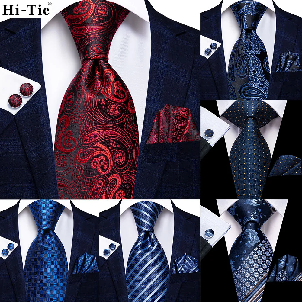 

Hi-Tie Black Red Paisley 63inch Silk Men Extra Long Ties for Men Woven Classic 160cm Mens Necktie Pocket Square Set Cufflinks