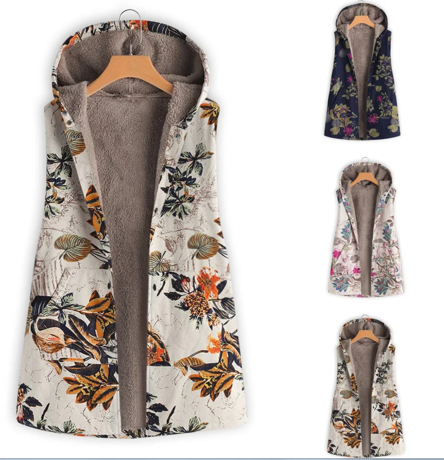 Women's retro cotton and linen printed casual hooded autumn and winter warmth sleeveless top plush coat vest
Women's retro cotton and linen printed casual hooded autumn and winter warmth sleeveless top plush coat vest