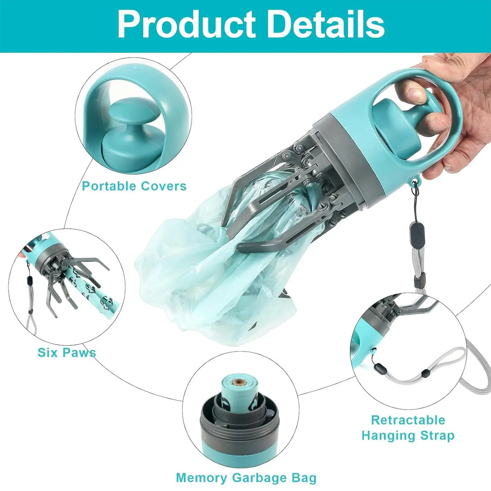 Dog Poop Scooper | Dog Waste Picker A product details infographic for a teal pet waste scooper. Labels point to specific features: "Portable Covers" showing the cap, "Six Paws" showing the mechanical gripping arms, "Memory Garbage Bag" showing the internal roll storage, and "Retractable Hanging Strap" showing the wrist lanyard.