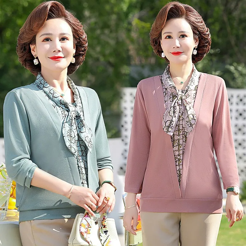 

Элегантные блузки с имитацией двух частей и принтом в стиле пэчворк, рубашки для женщин среднего возраста, Демисезонные женские свободные шифоновые топы с длинным рукавом