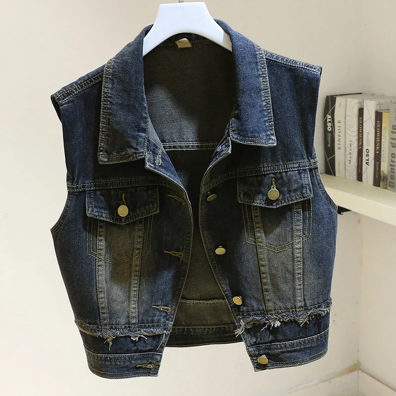 

Vintage Pocket Denim Vest Women Waistcoat Dark Blue Cowboy Sleeveless Jacket Coat Korean Slim Short Frayed Jeans Vests Female