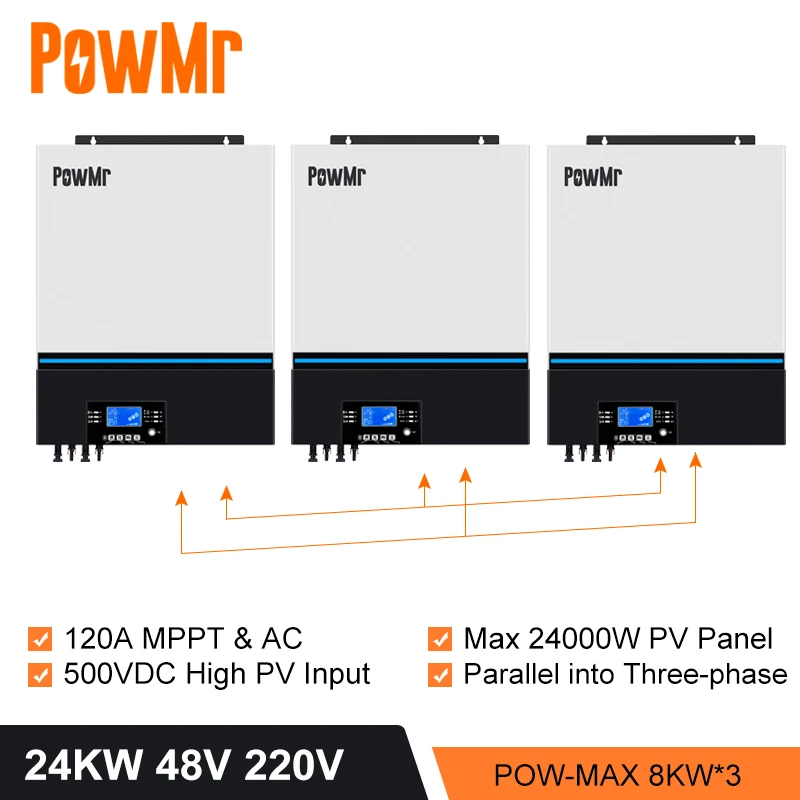 PowMr 24KW Hybrid Solar Inverter 48V 3 Phase Off Grid Pure Sine Wave Inverter 230V with MPPT 120A Solar Charger Built-in WIFI
PowMr 24KW Hybrid Solar Inverter 48V 3 Phase Off Grid Pure Sine Wave Inverter 230V with MPPT 120A Solar Charger Built-in WIFI